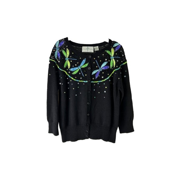 Design Options Dragon Fly All Over Knit Embellished Cardigan Sweater - Picture 1 of 6